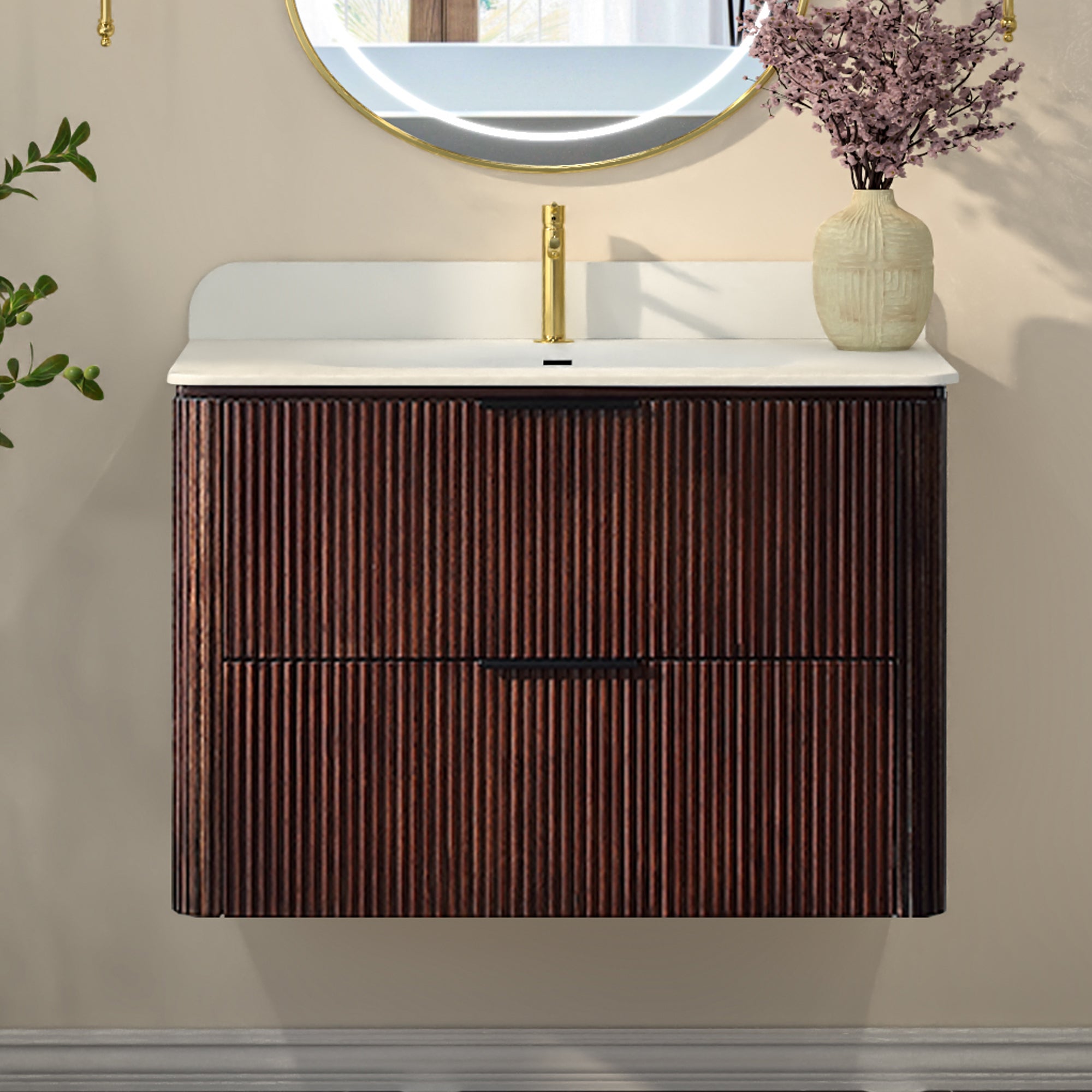 30-Inch Walnut Floating Bathroom Vanity with Sink
