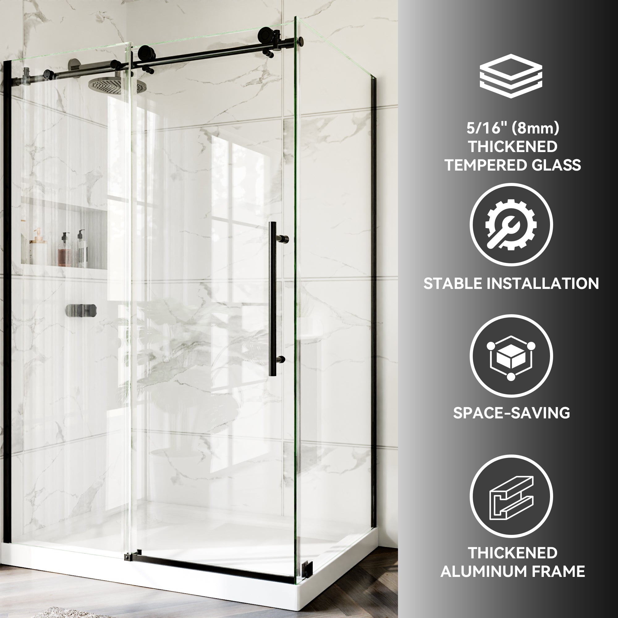 44-48"W x 36"D x 72"H Black Frameless Shower Enclosure