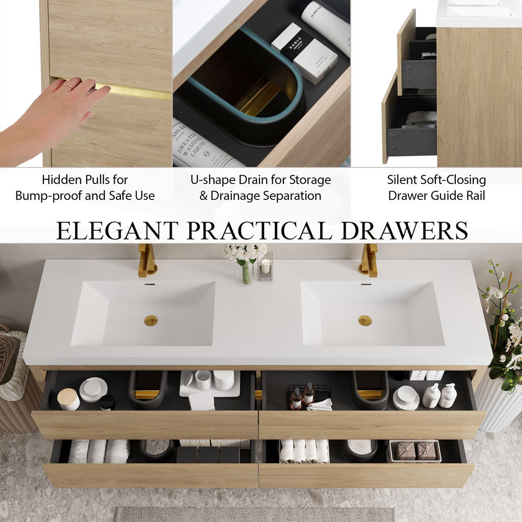 72 Inch Natural Oak Floating Vanity with Double Sinks