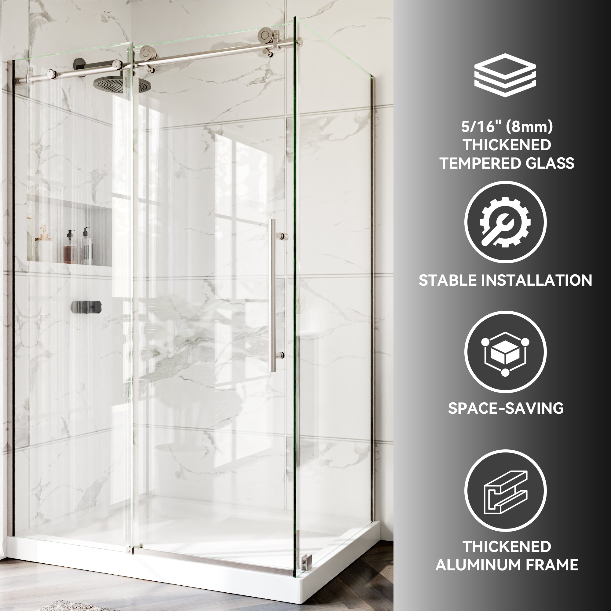 44-48"W x 36"D x 72"H Nickel Frameless Shower Enclosure