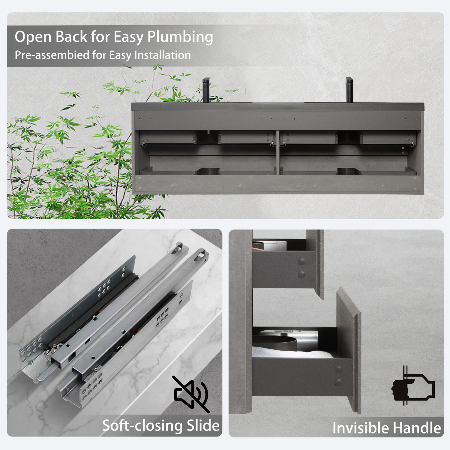 72-Inch Floating Vanity Bathroom 2 Sinks Cabinet Wall Mount