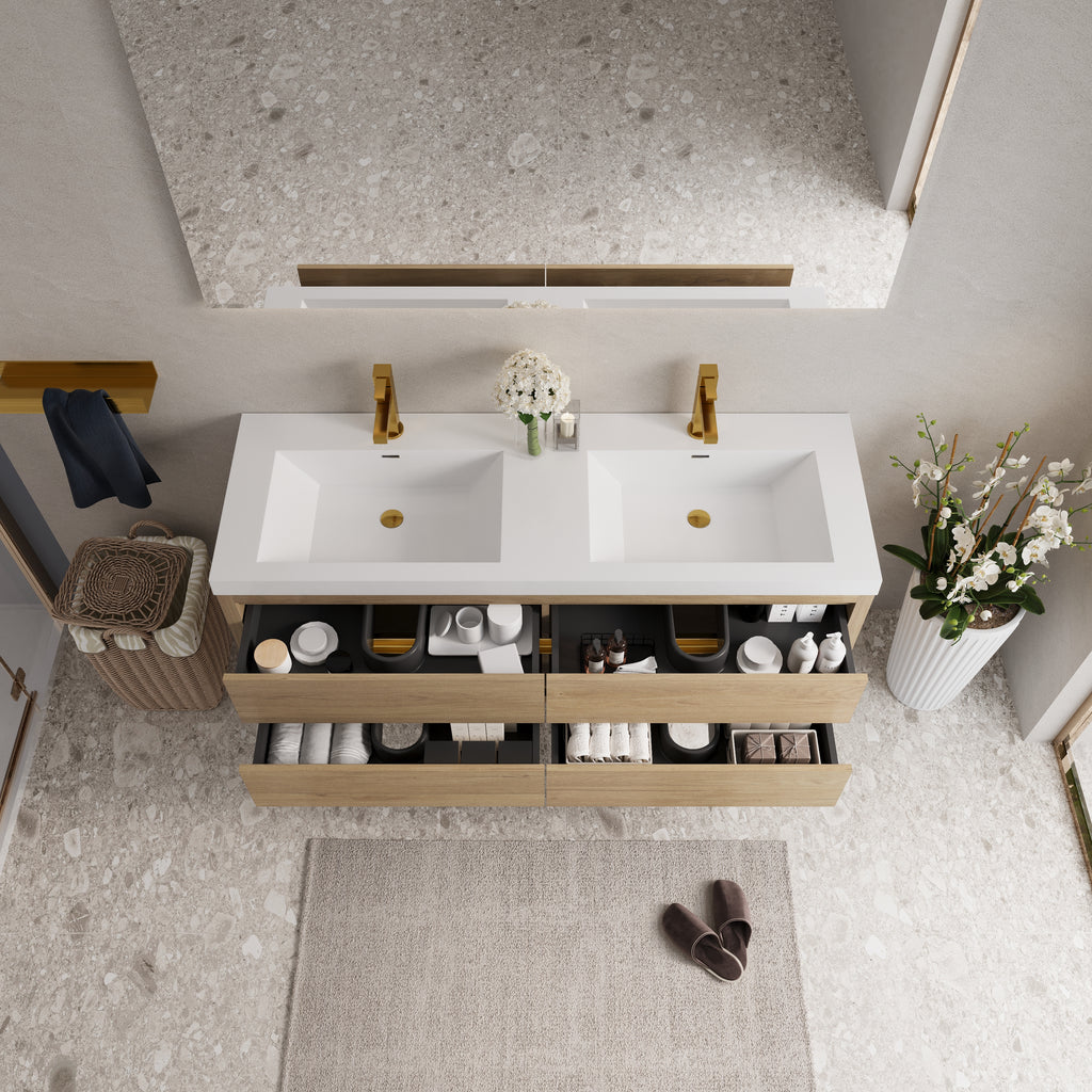 60 Inch Natural Wood Floating Vanity with Double Sinks