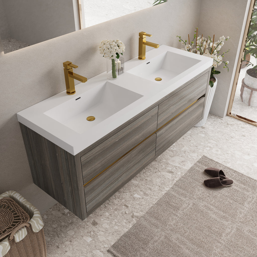60 Inch Gray Floating Bathroom Vanity with Double Sinks