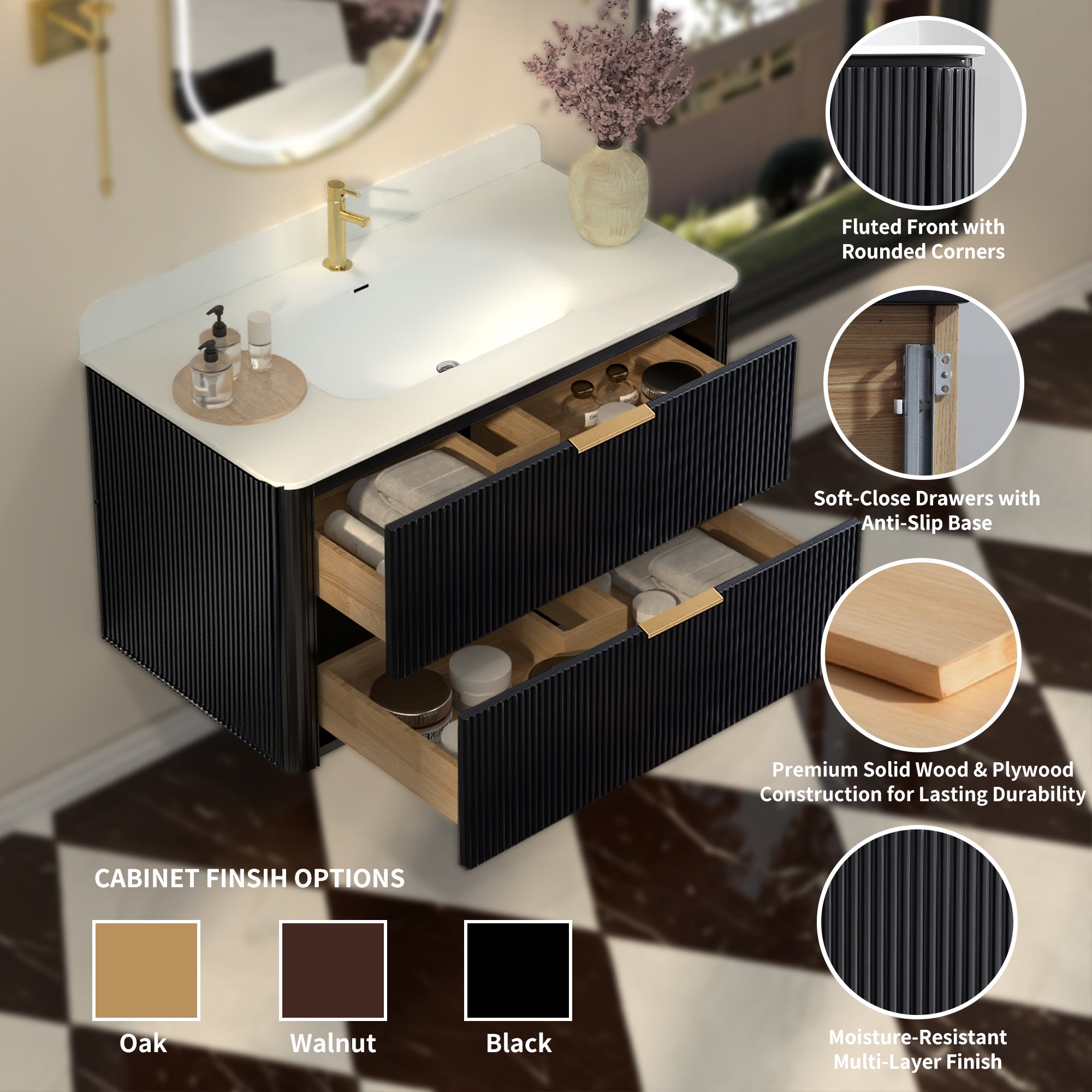 36-Inch Black Floating Bathroom Vanity with Sink