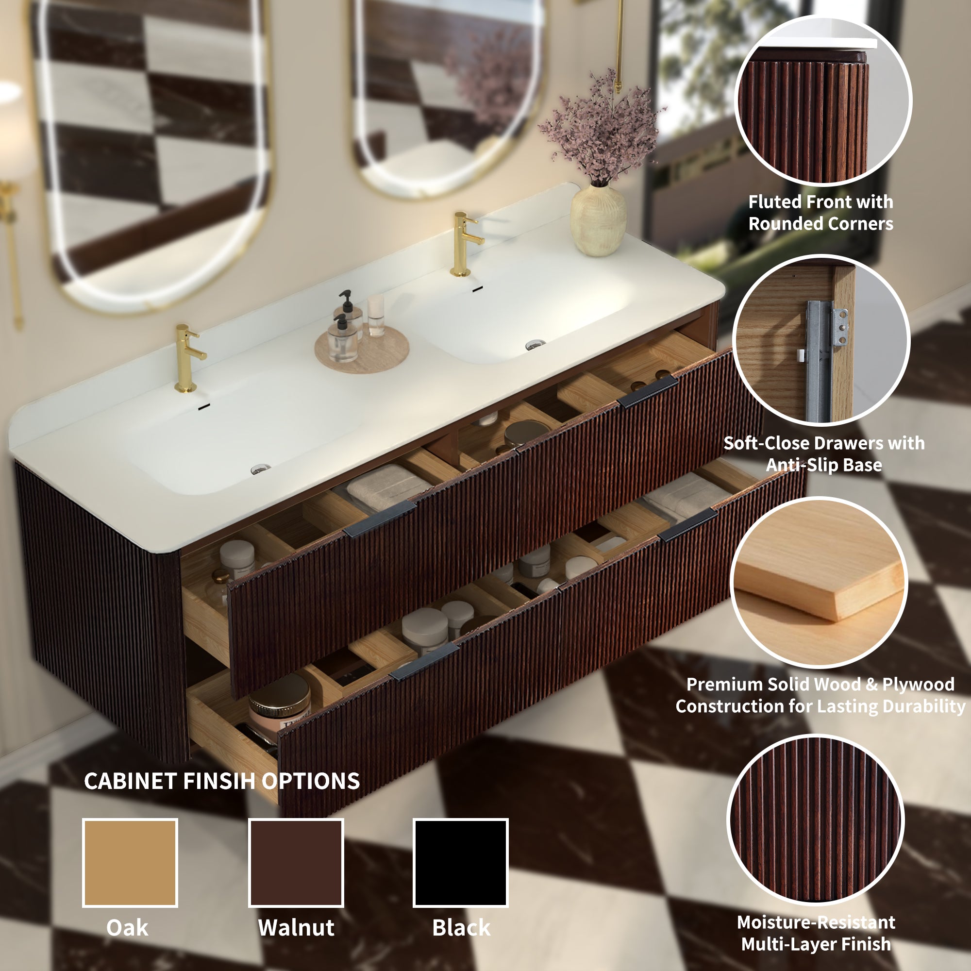 60-Inch Walnut Floating Bathroom Vanity with Sink