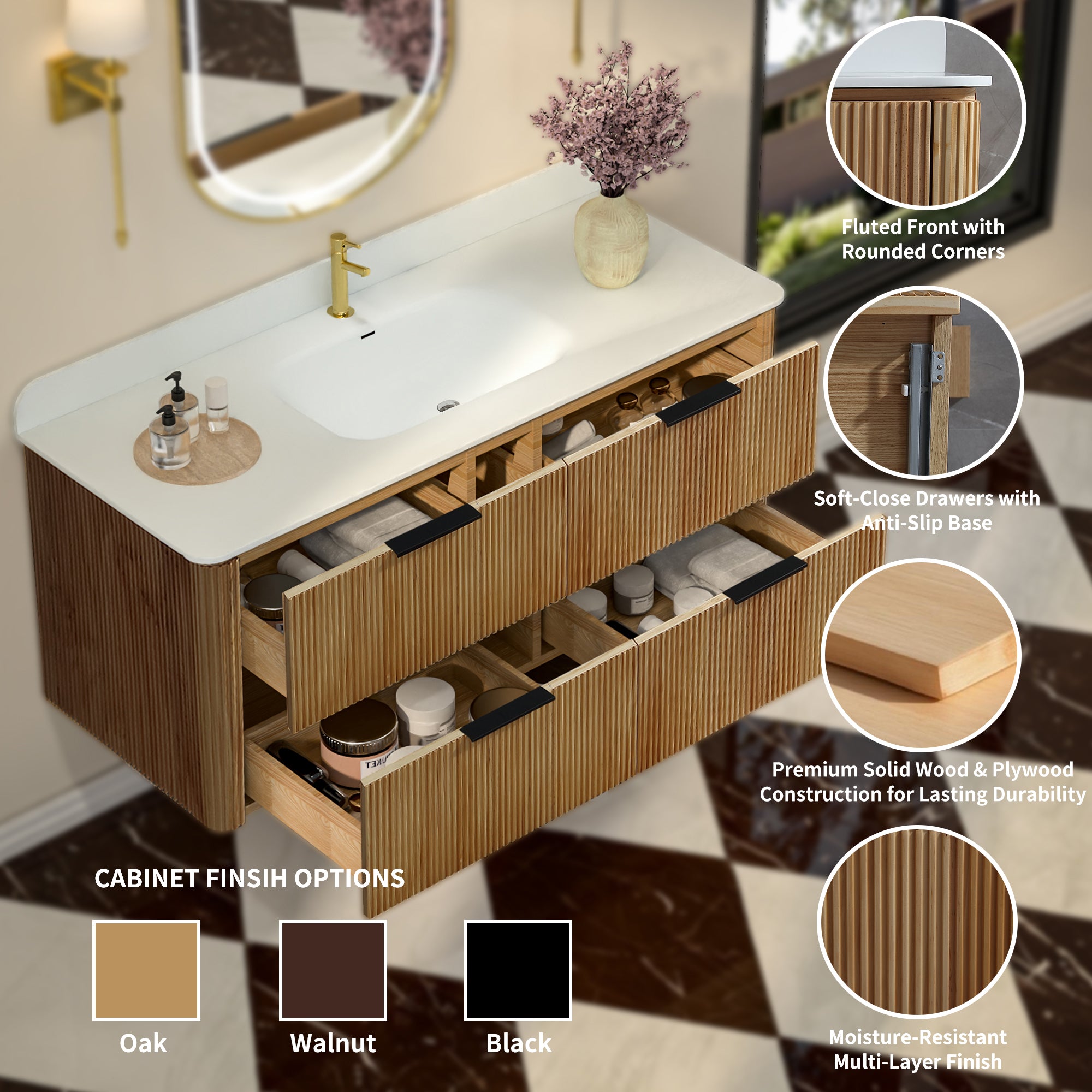 48-Inch Oak Floating Bathroom Vanity with Sink
