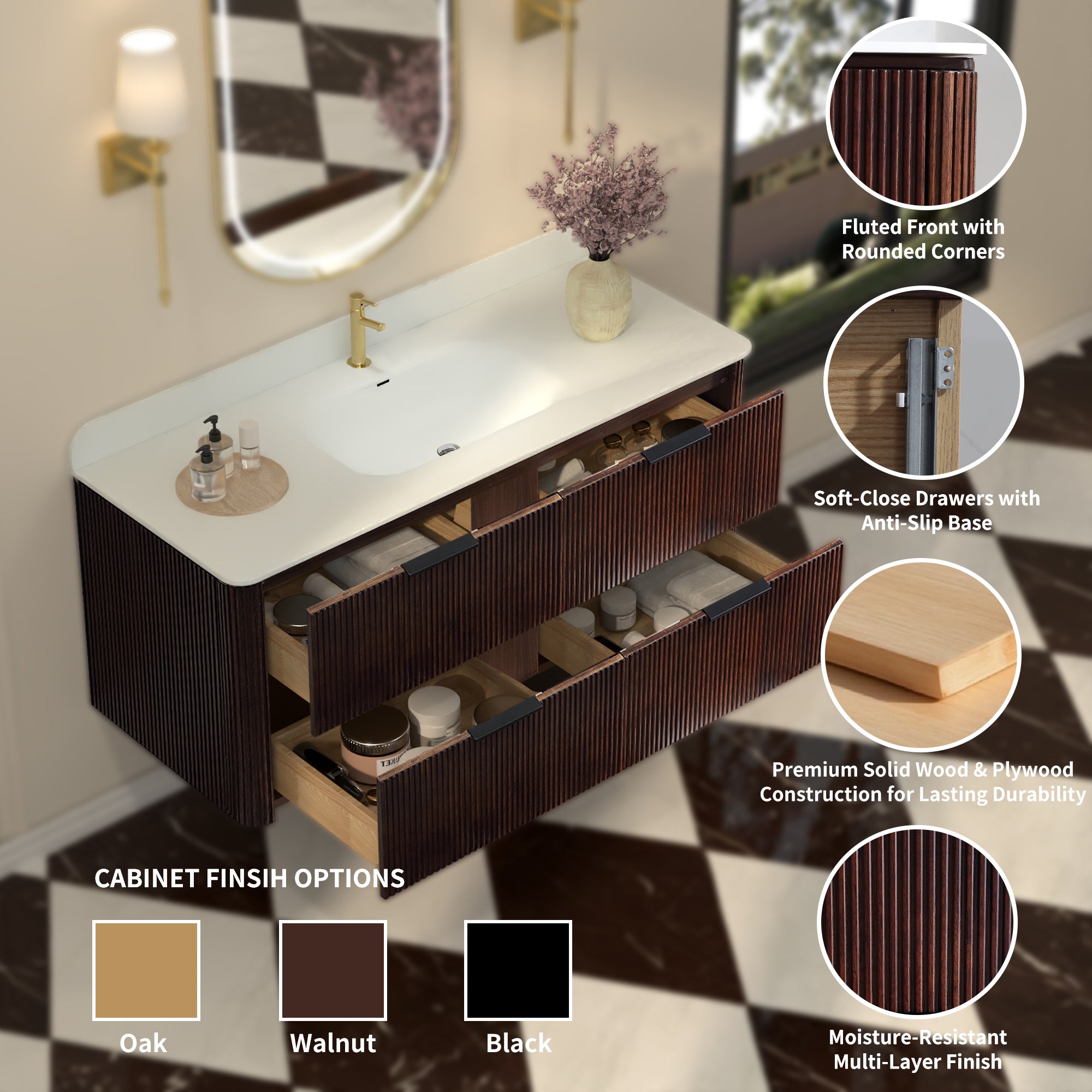 48-Inch Walnut Floating Bathroom Vanity with Sink