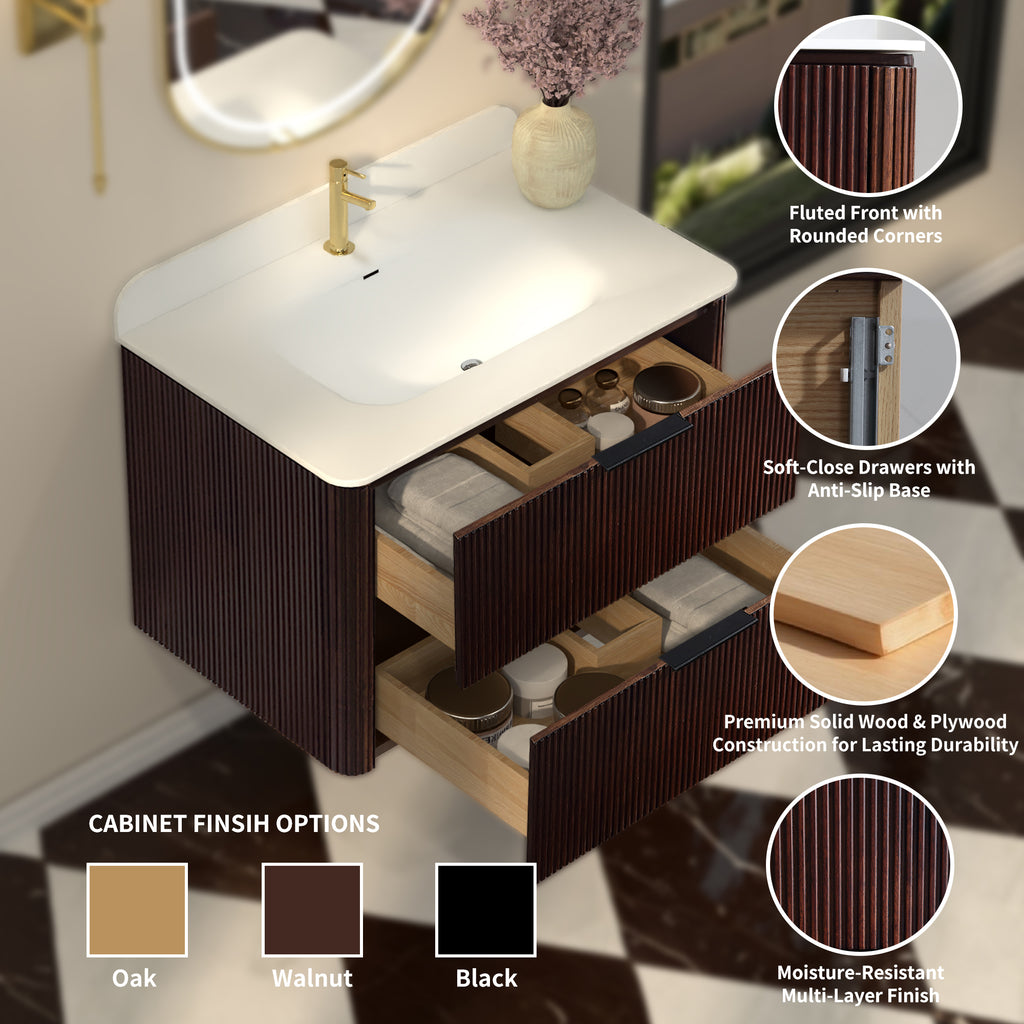 30-Inch Walnut Floating Bathroom Vanity with Sink