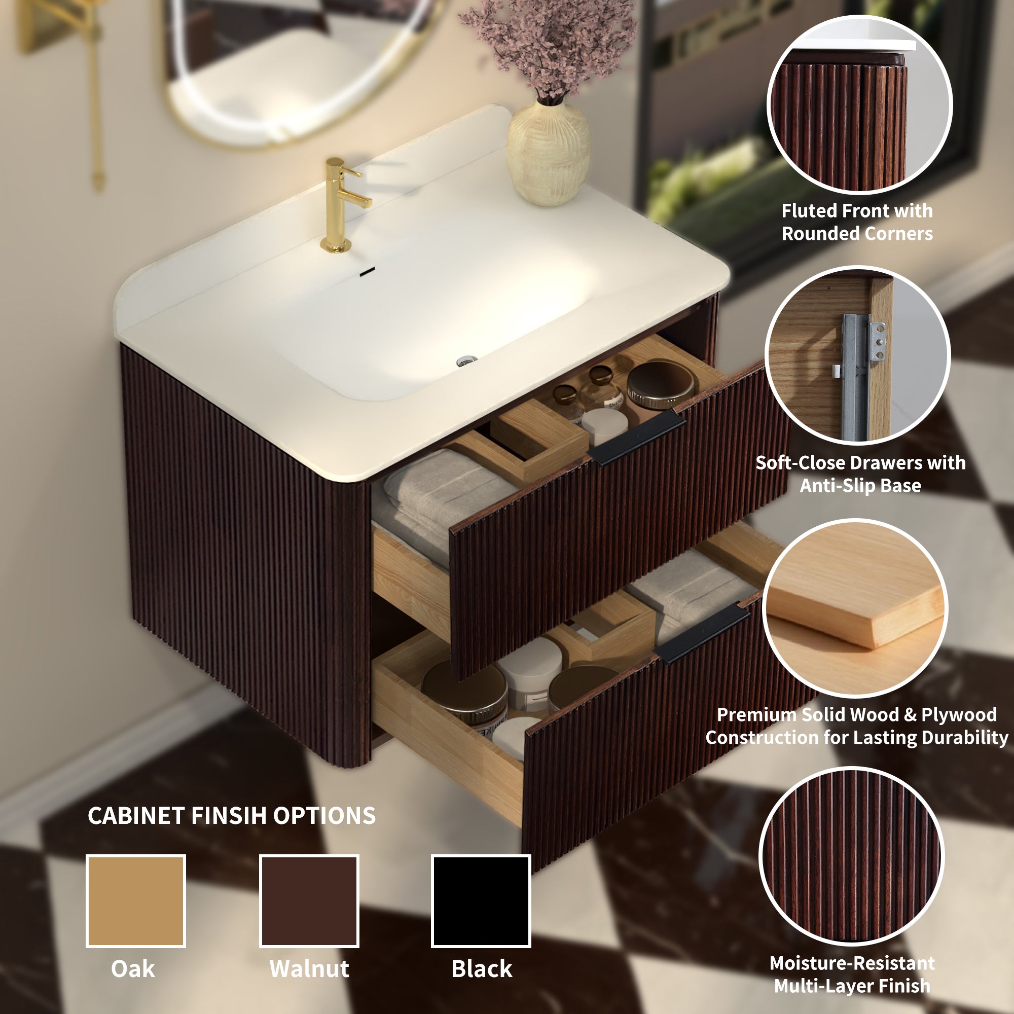 30-Inch Walnut Floating Bathroom Vanity with Sink