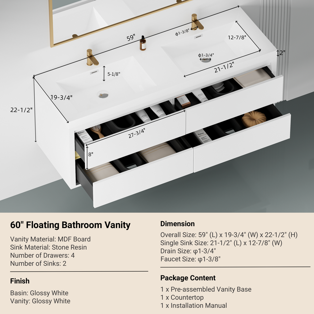 60 Inch White Floating Vanity with Double Sinks