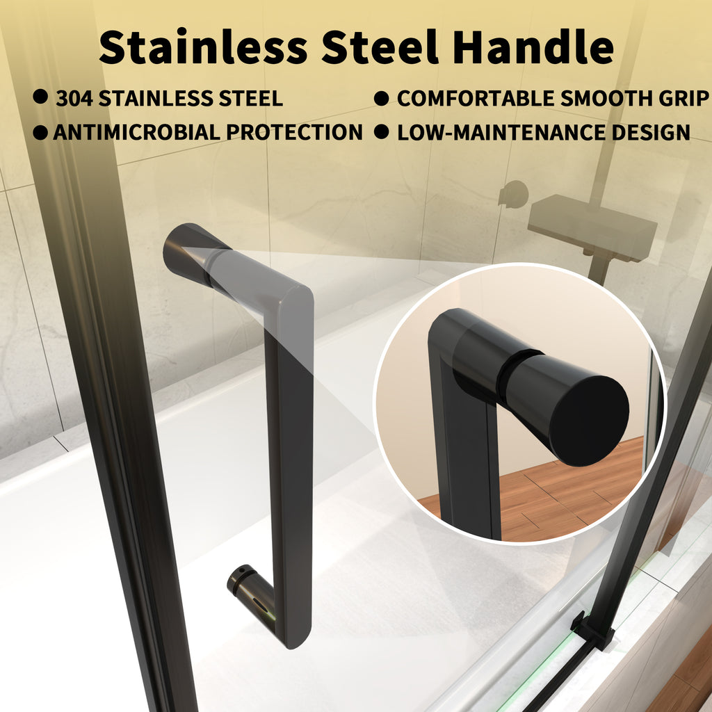 56-60" W x 58" H Frameless Black Shower Door for Bathtub