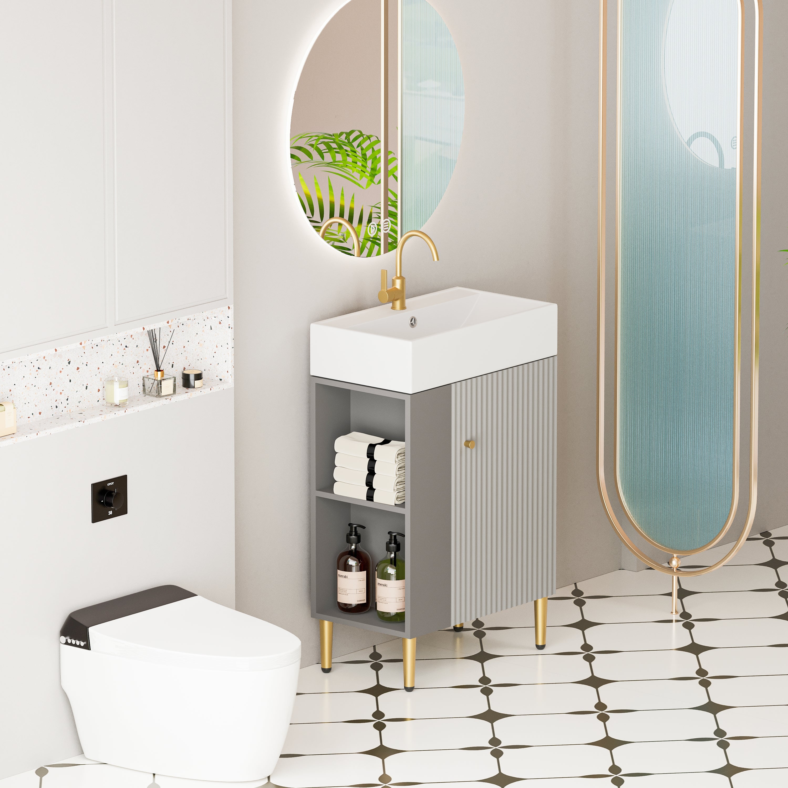 21.6" Gray Small Freestanding Vanity with Sink-RIght Handed Open