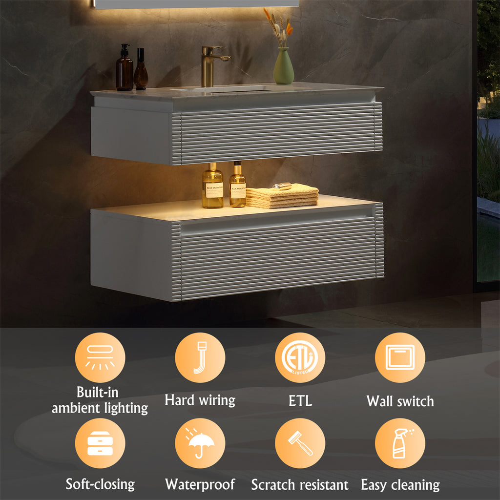 36 Inches White Floating Bathroom Vanity with One Sink, Wall Mounted Double Layer