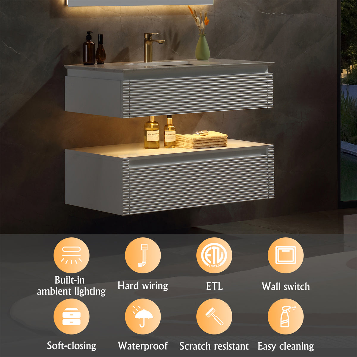 36 Inches White Floating Bathroom Vanity with One Sink, Wall Mounted Double Layer