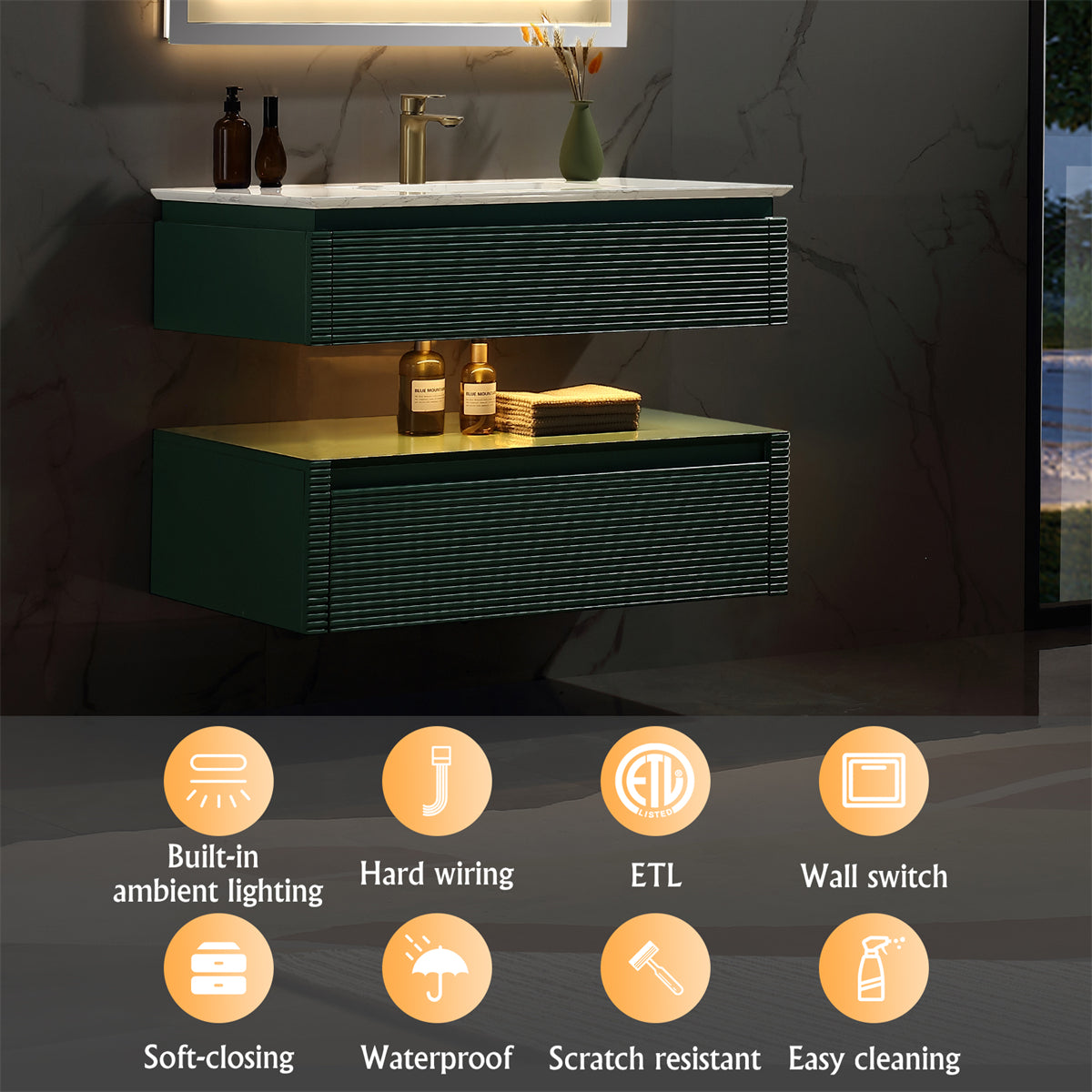 36 Inches Green Floating Bathroom Vanity with One Sink, Wall Mounted Double Layer