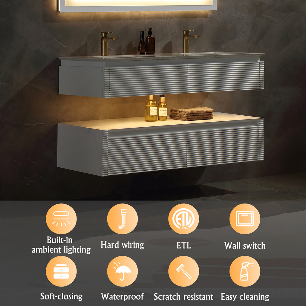 48 Inches White Floating Bathroom Vanity with Double Sinks, Wall Mounted Double Layer
