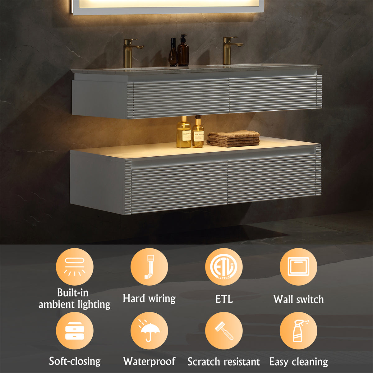 48 Inches White Floating Bathroom Vanity with Double Sinks, Wall Mounted Double Layer