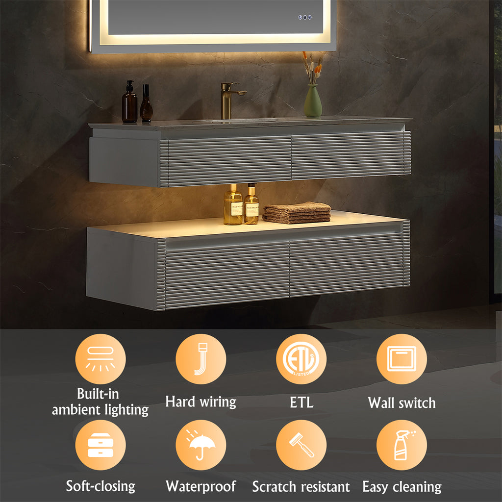 48 Inches White Floating Bathroom Vanity with One Sink, Wall Mounted Double Layer