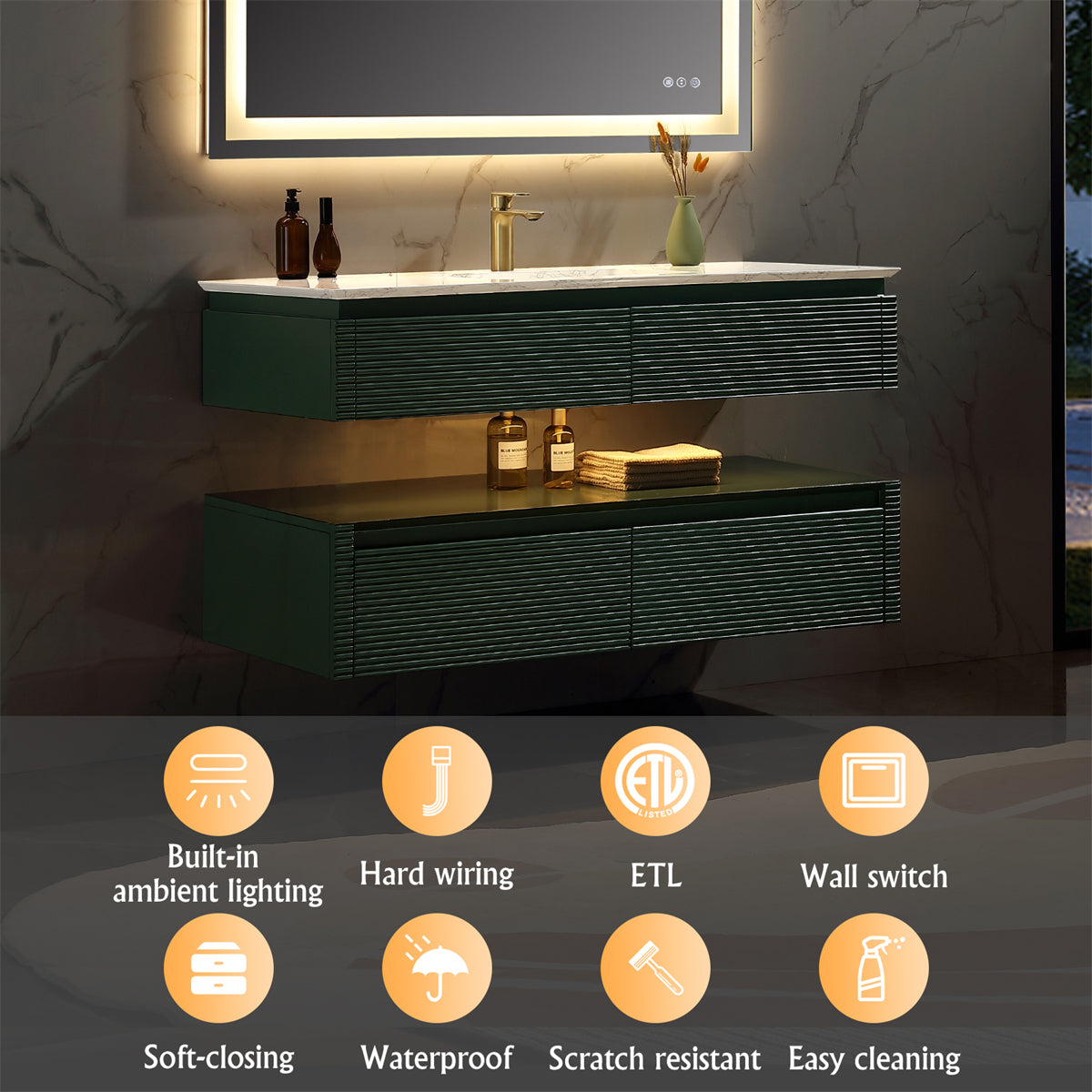 48 Inches Green Floating Bathroom Vanity with One Sink, Wall Mounted Double Layer