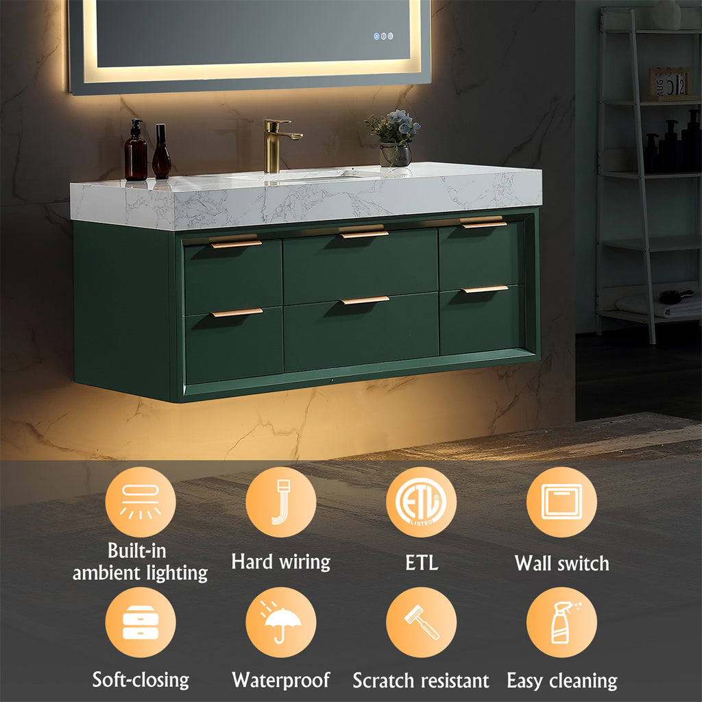 48" Floating Bathroom Vanity with Sink & Lights, Green Wall Mount Vanity Cabinet