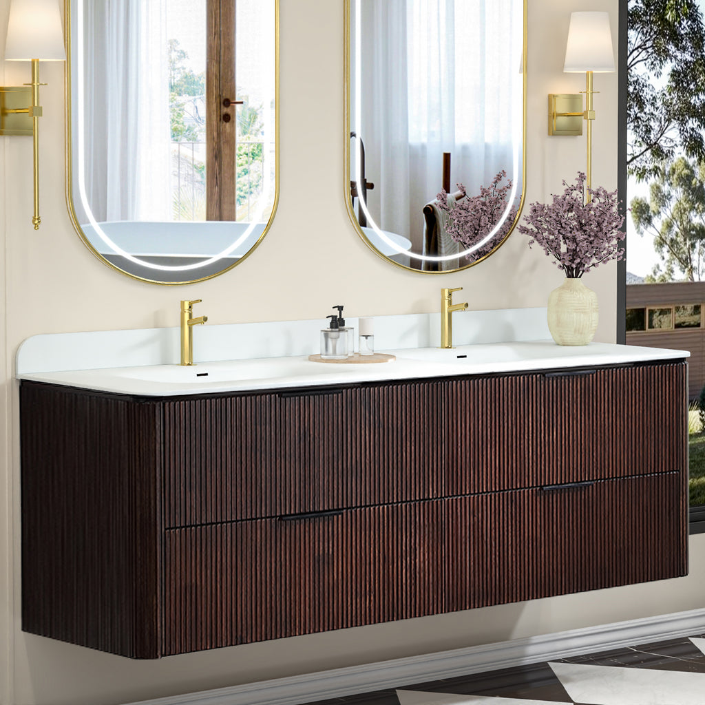 60-Inch Walnut Floating Bathroom Vanity with Double Sinks
