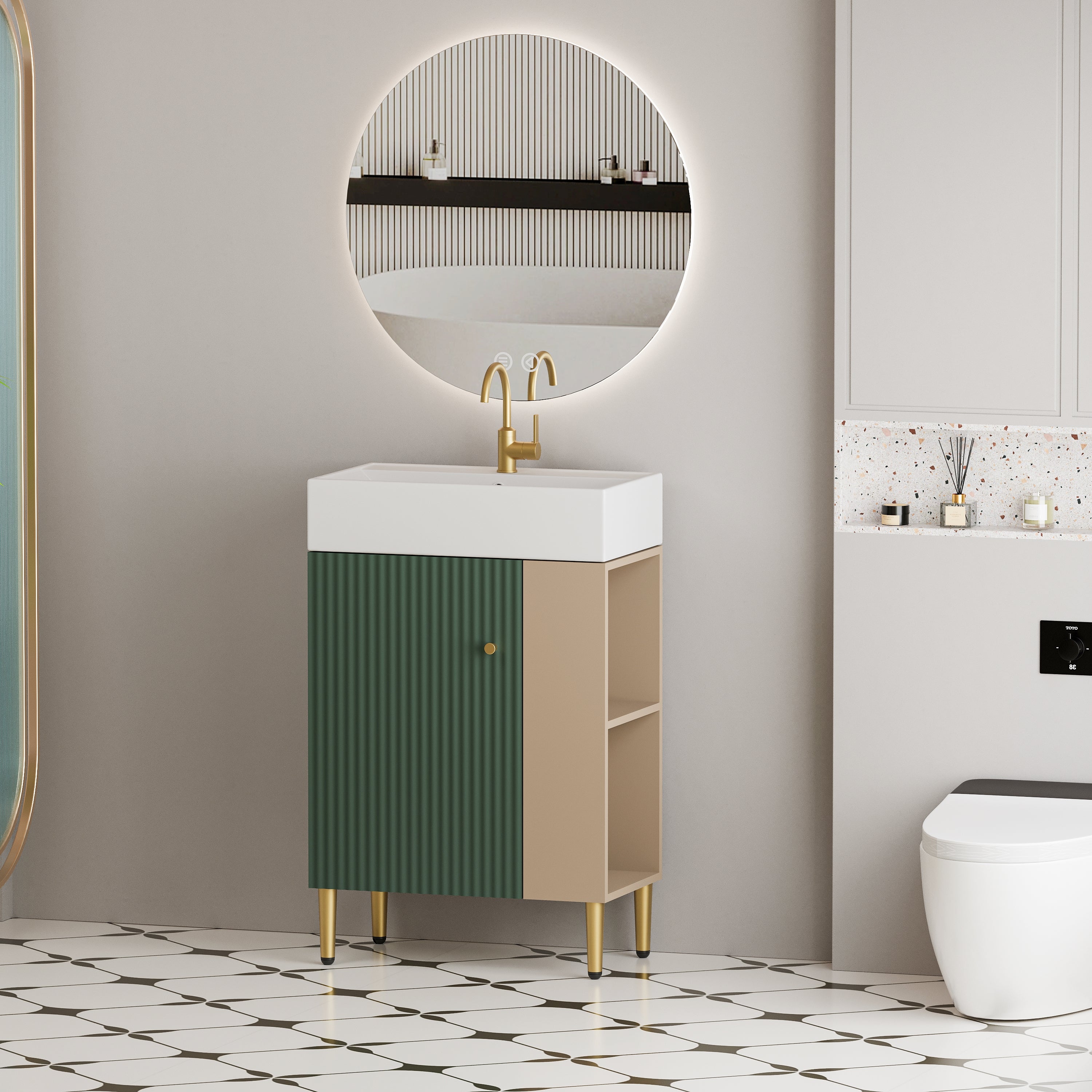 21.6" Green Small Freestanding Vanity with Sink-Left Handed Open