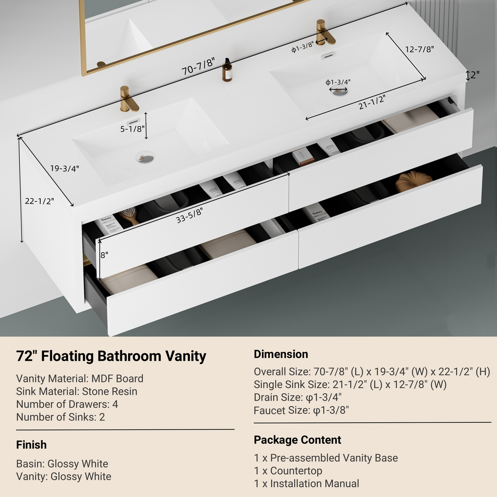 72 Inch White Floating Vanity with Double Sinks