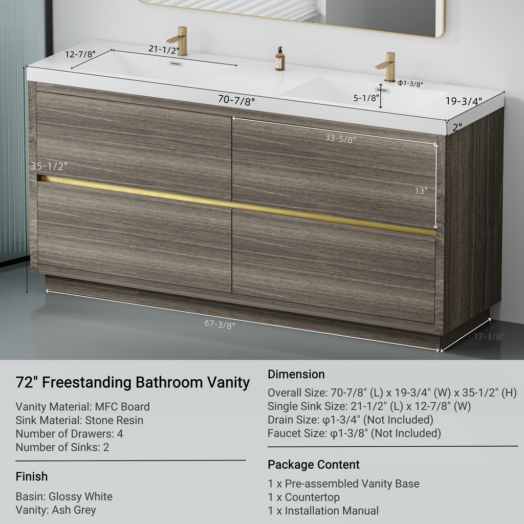 72 Inch Freestanding Vanity with Double Sinks