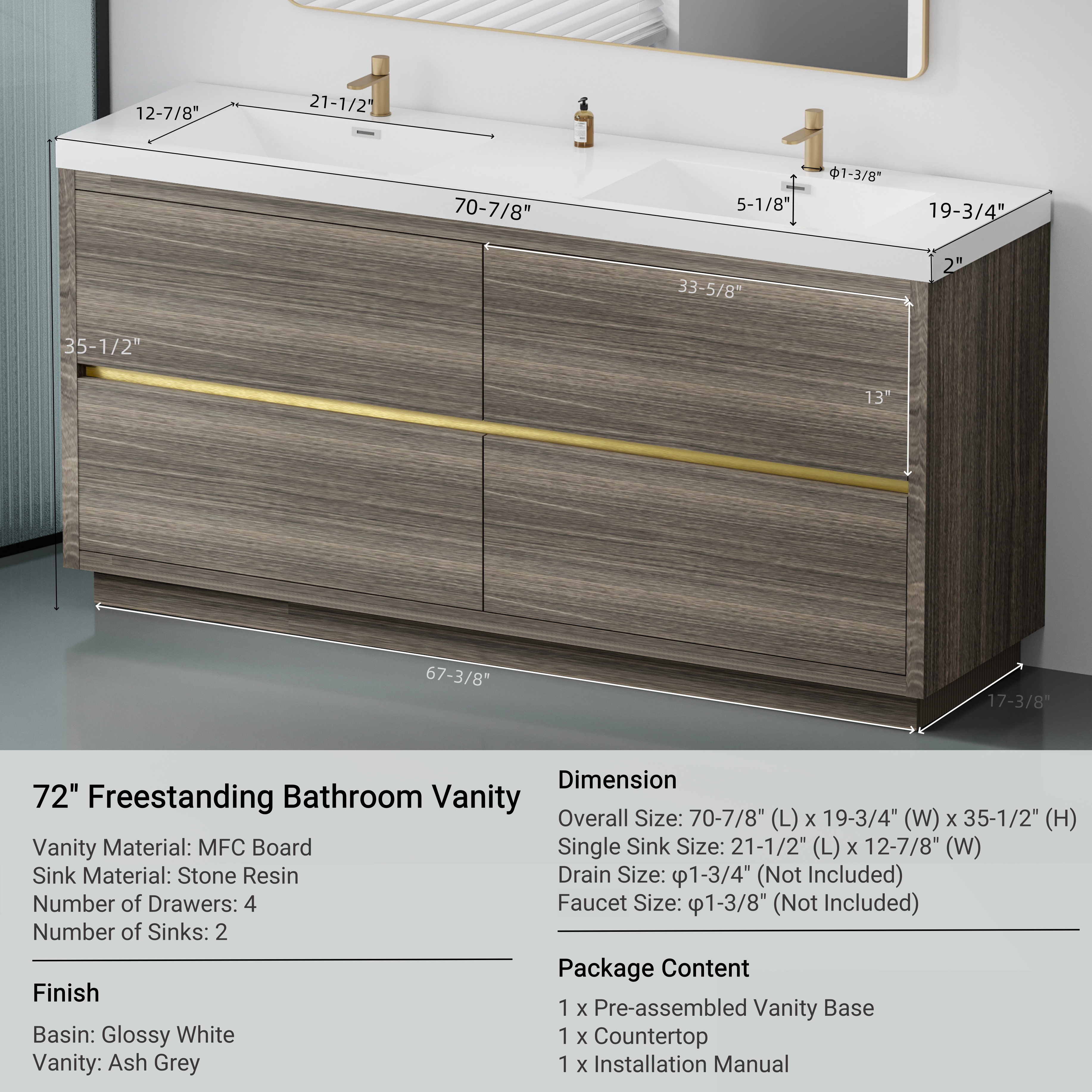 72 Inch Freestanding Vanity with Double Sinks