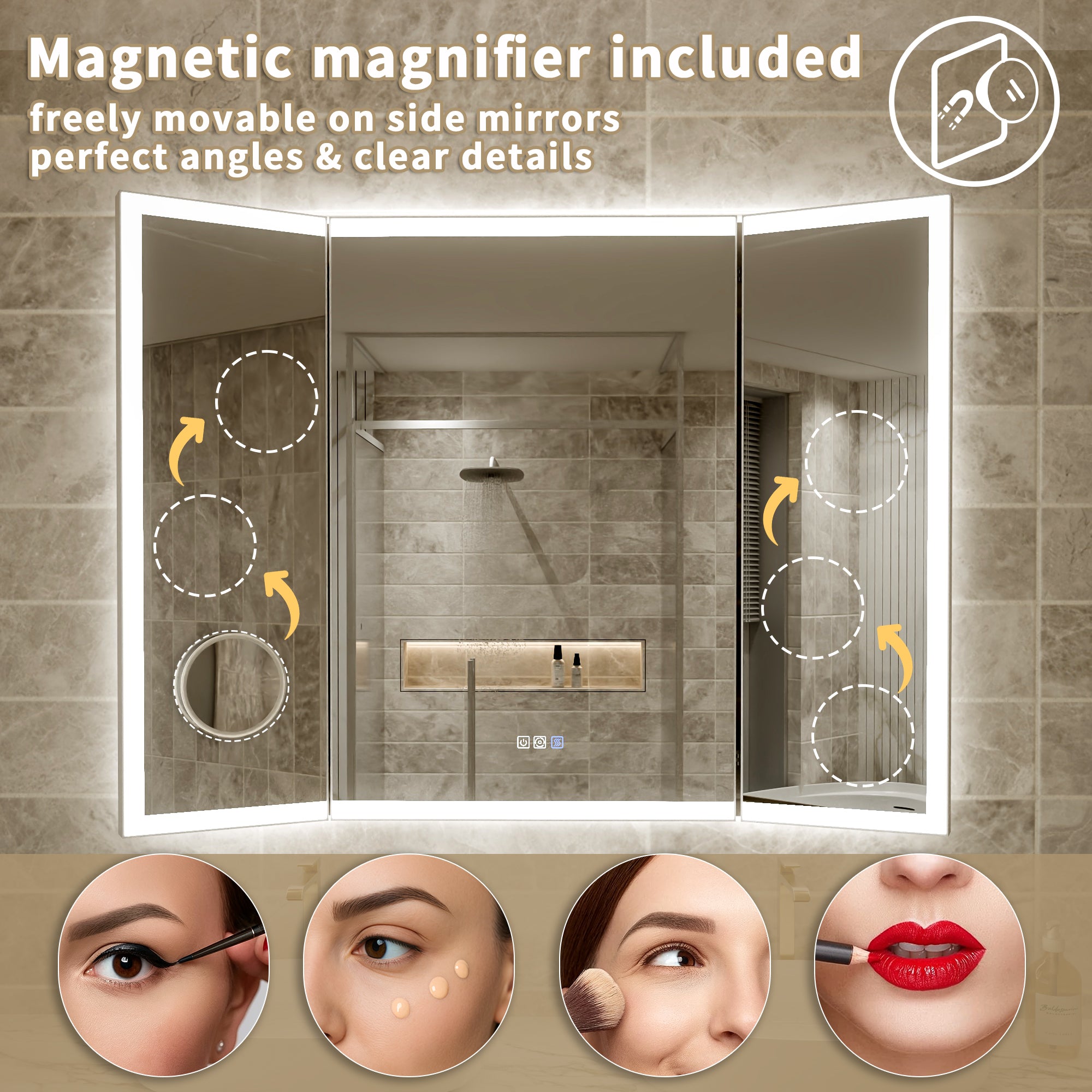 3-Panel Foldable Bathroom LED Mirror with Magnifier