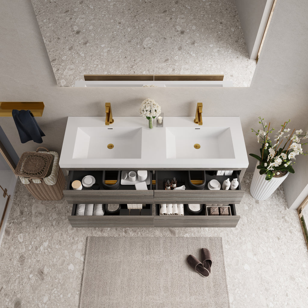 60 Inch Gray Floating Bathroom Vanity with Double Sinks