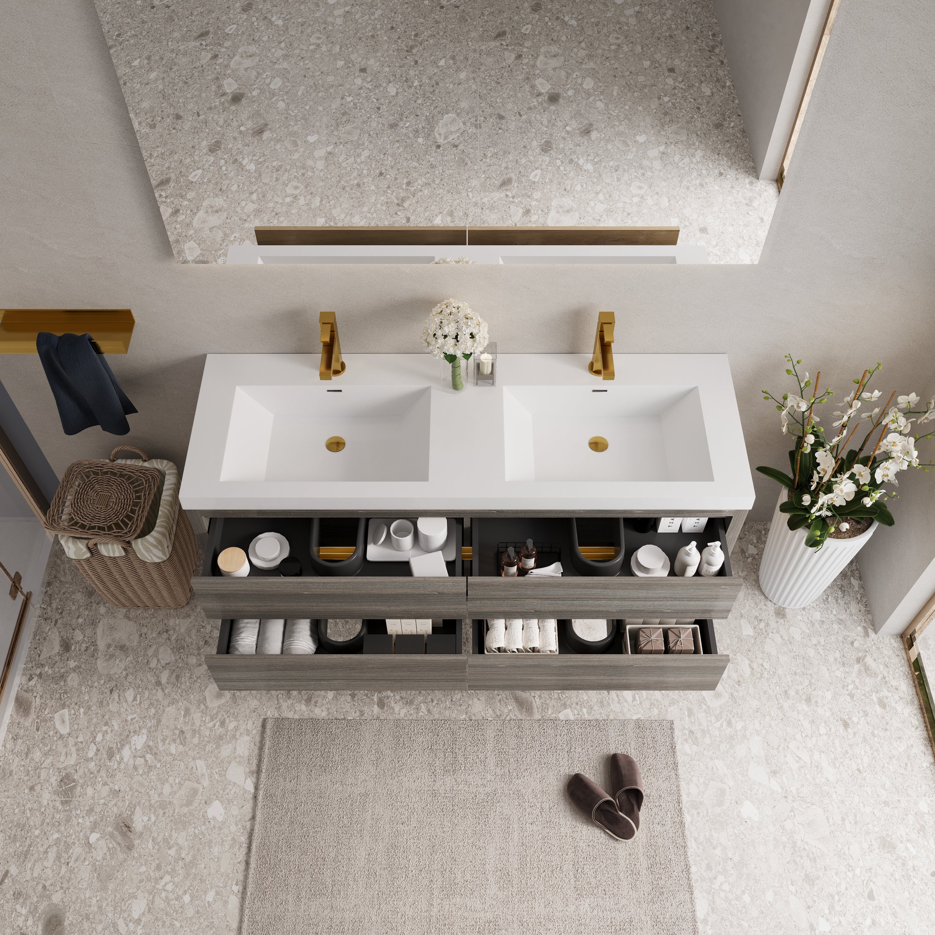 60 Inch Gray Floating Bathroom Vanity with Double Sinks