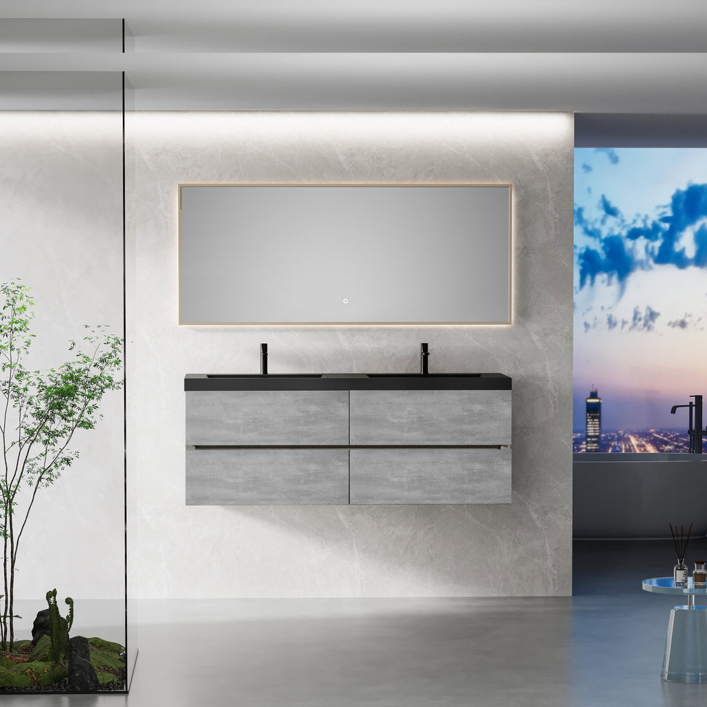 60 Inch Cement Grey Floating Vanity with Double Sinks