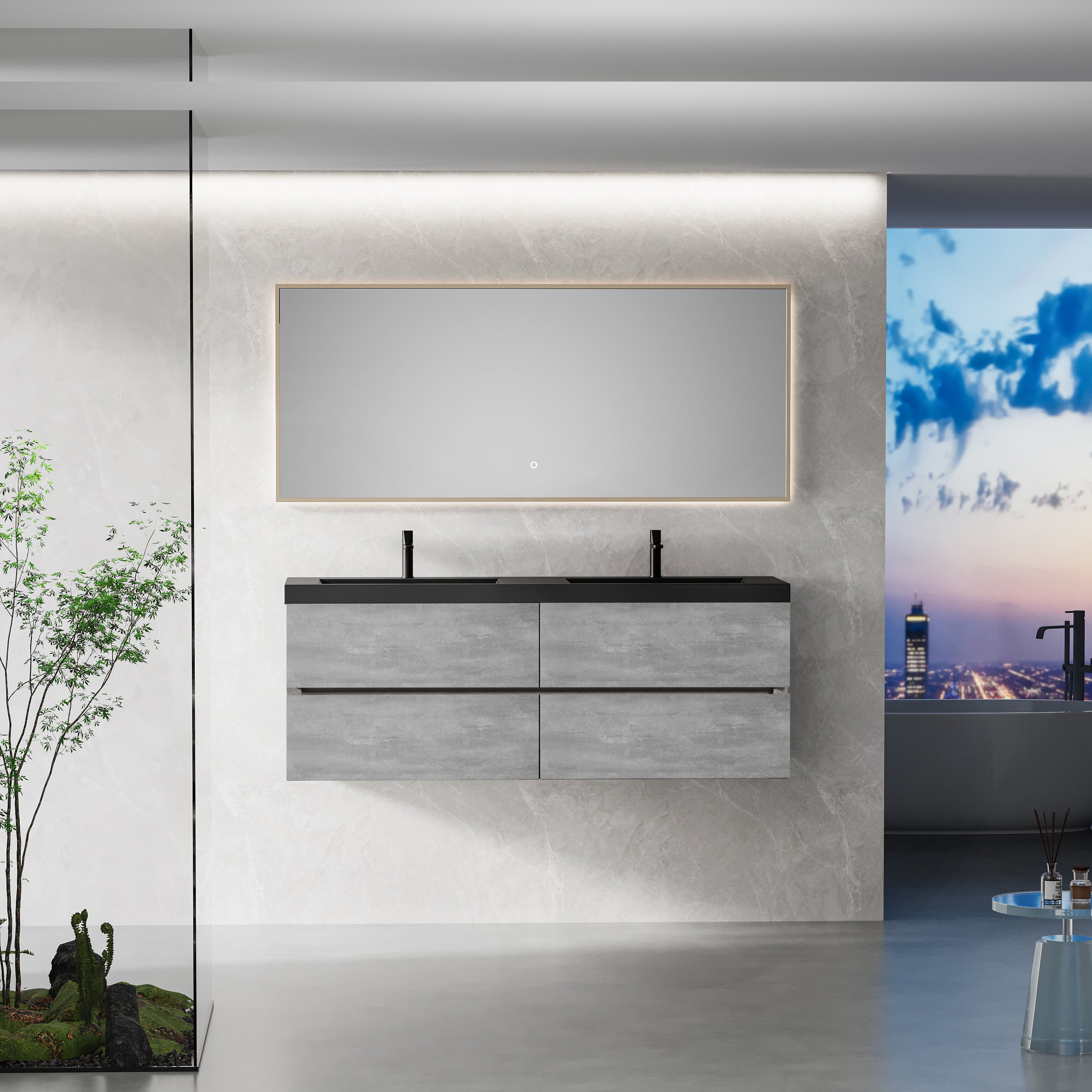 60 Inch Cement Grey Floating Vanity with Double Sinks