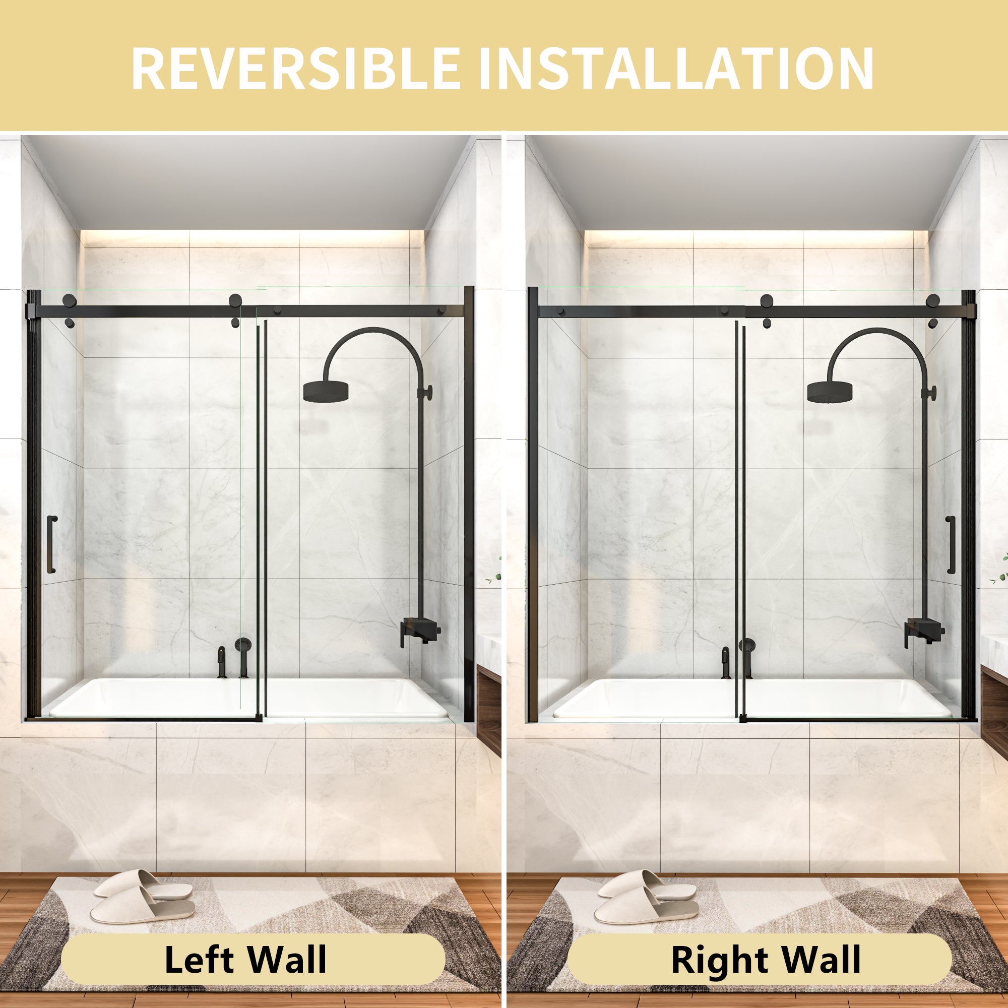 56-60" W x 58" H Frameless Black Shower Door for Bathtub