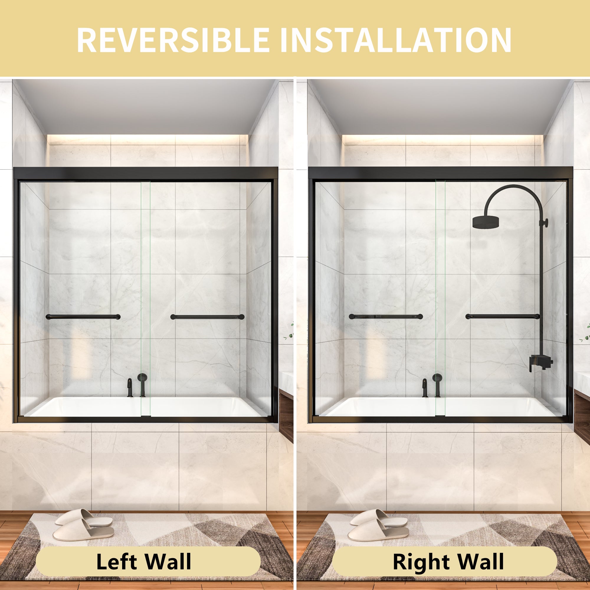 58-60"W x 58"H Bypass Black Shower Door for Bathtub
