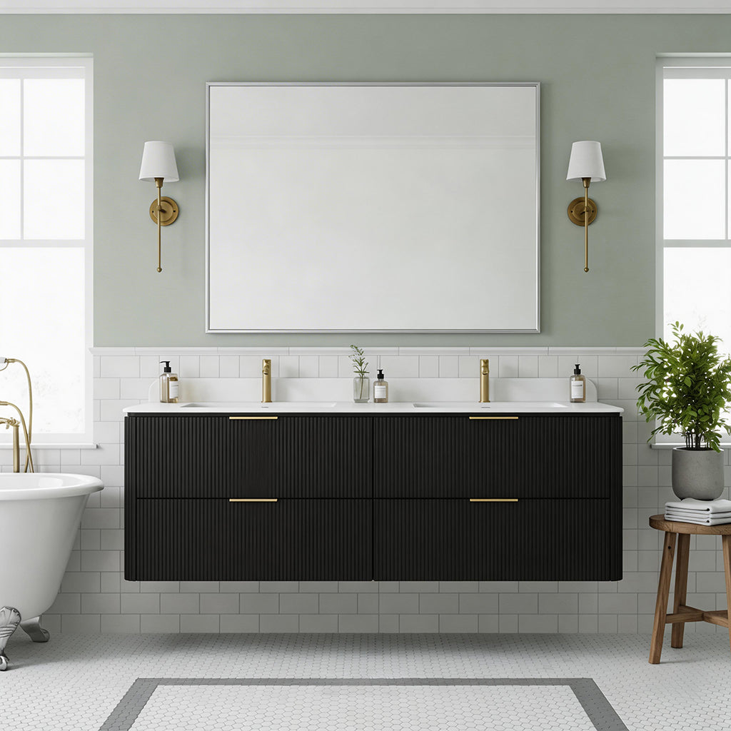 60-Inch Black Floating Bathroom Vanity with Double Sinks