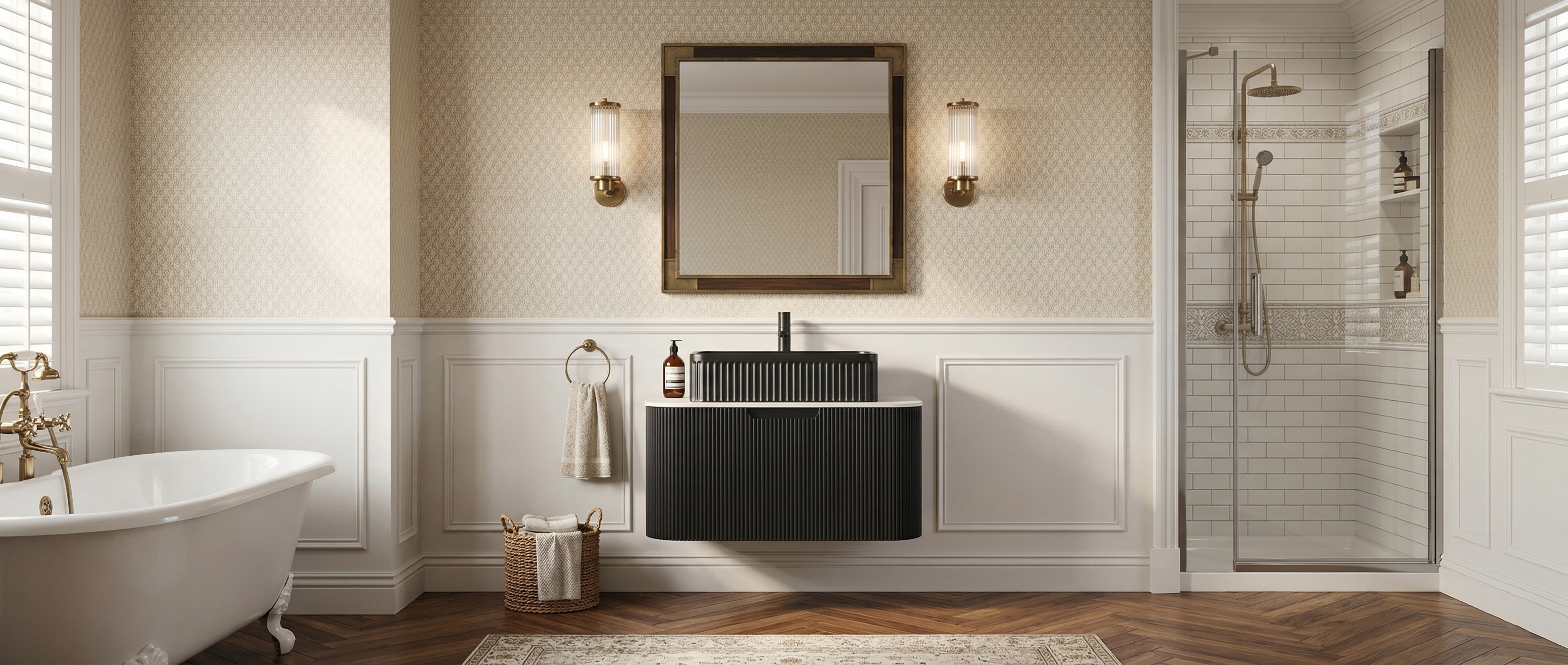 Floating Bathroom Vanity with Black Rectangular Ceramic Basin