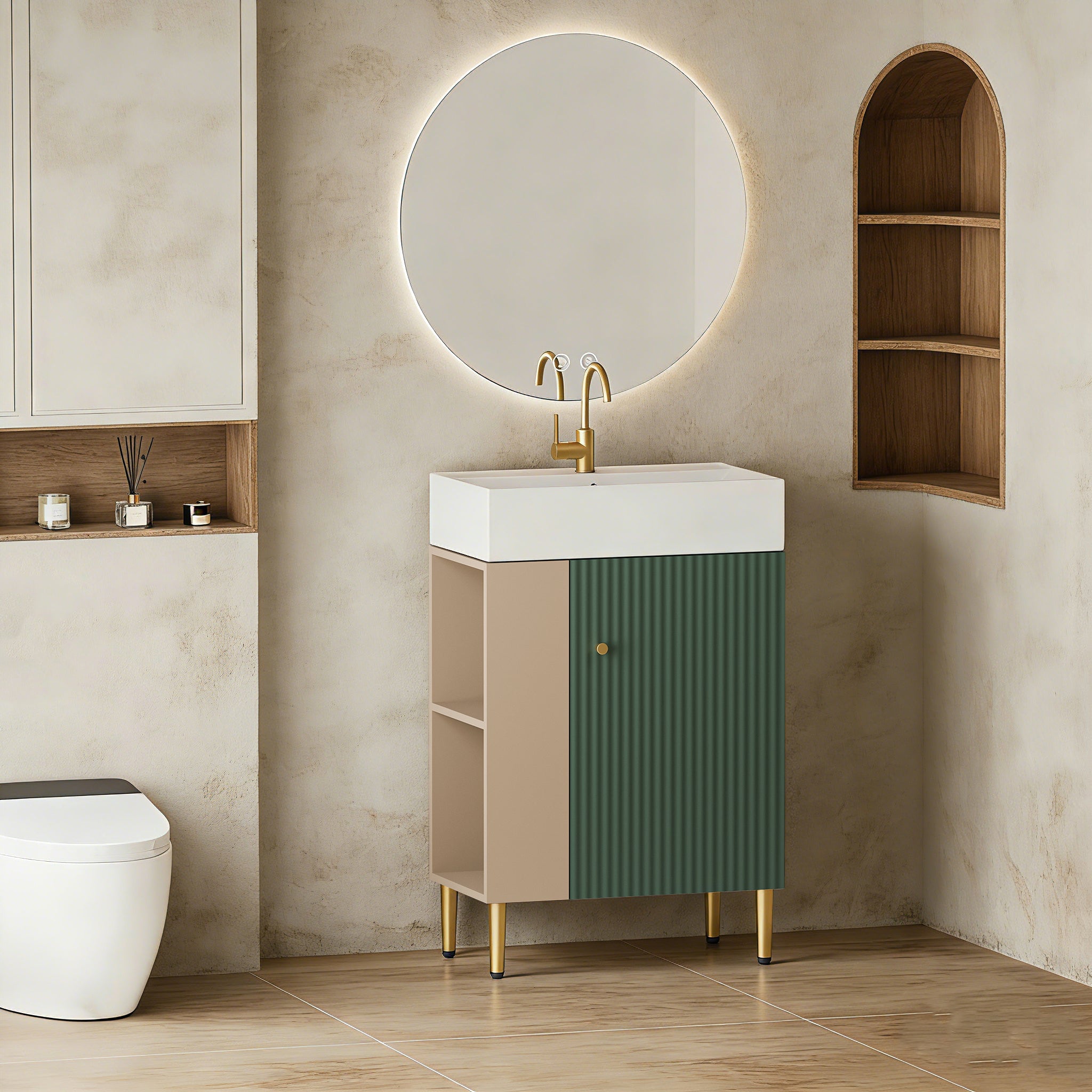 21.6" Green Small Freestanding Vanity with Sink-RIght Handed Open