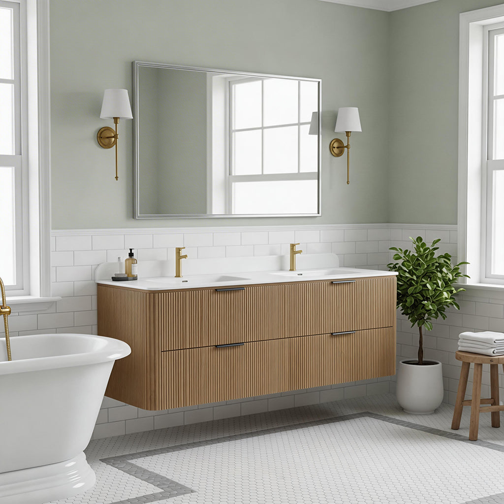 60-Inch Oak Floating Bathroom Vanity with Double Sinks