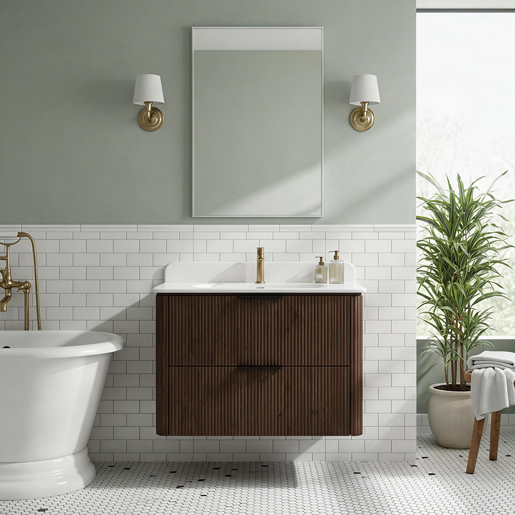 30-Inch Walnut Floating Bathroom Vanity with Sink