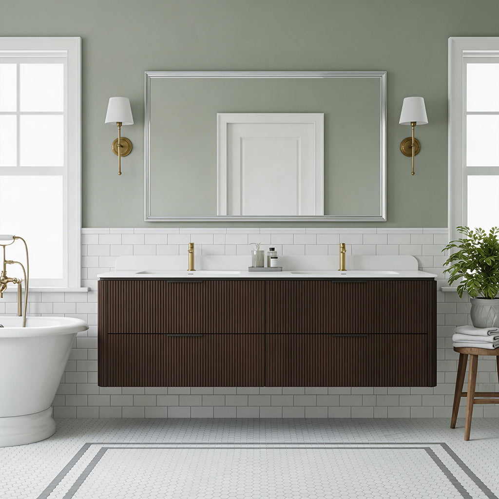 60-Inch Walnut Floating Bathroom Vanity with Double Sinks