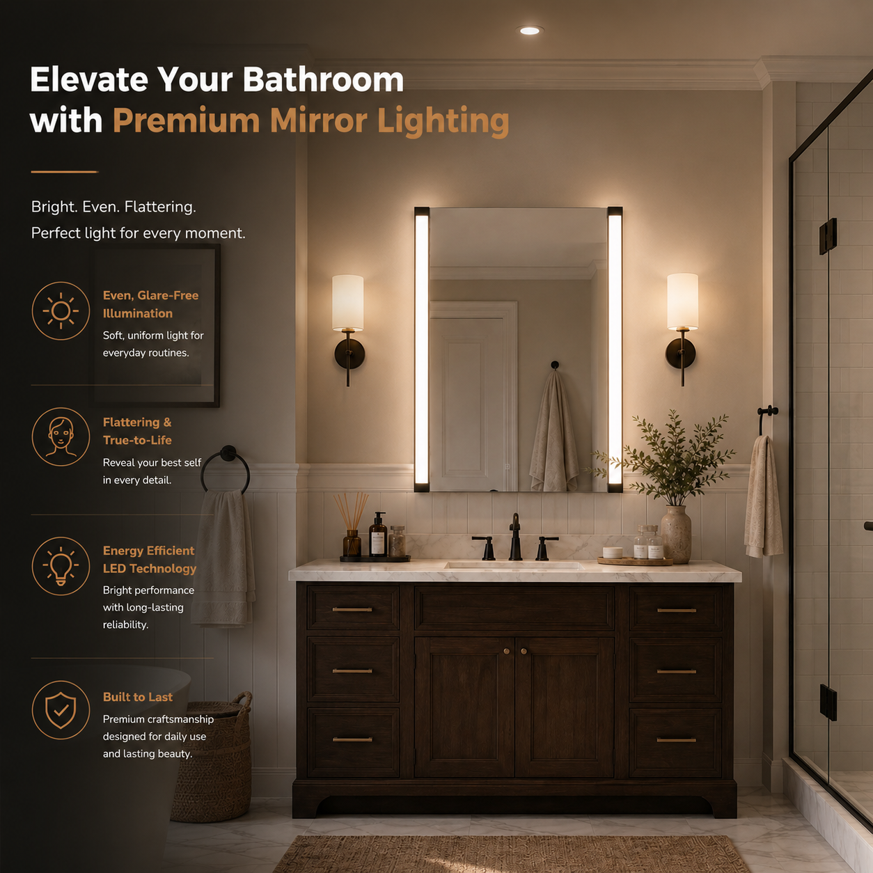 24"Wx32"H LED Vanity Mirror, 270° Rotatable LED Arms