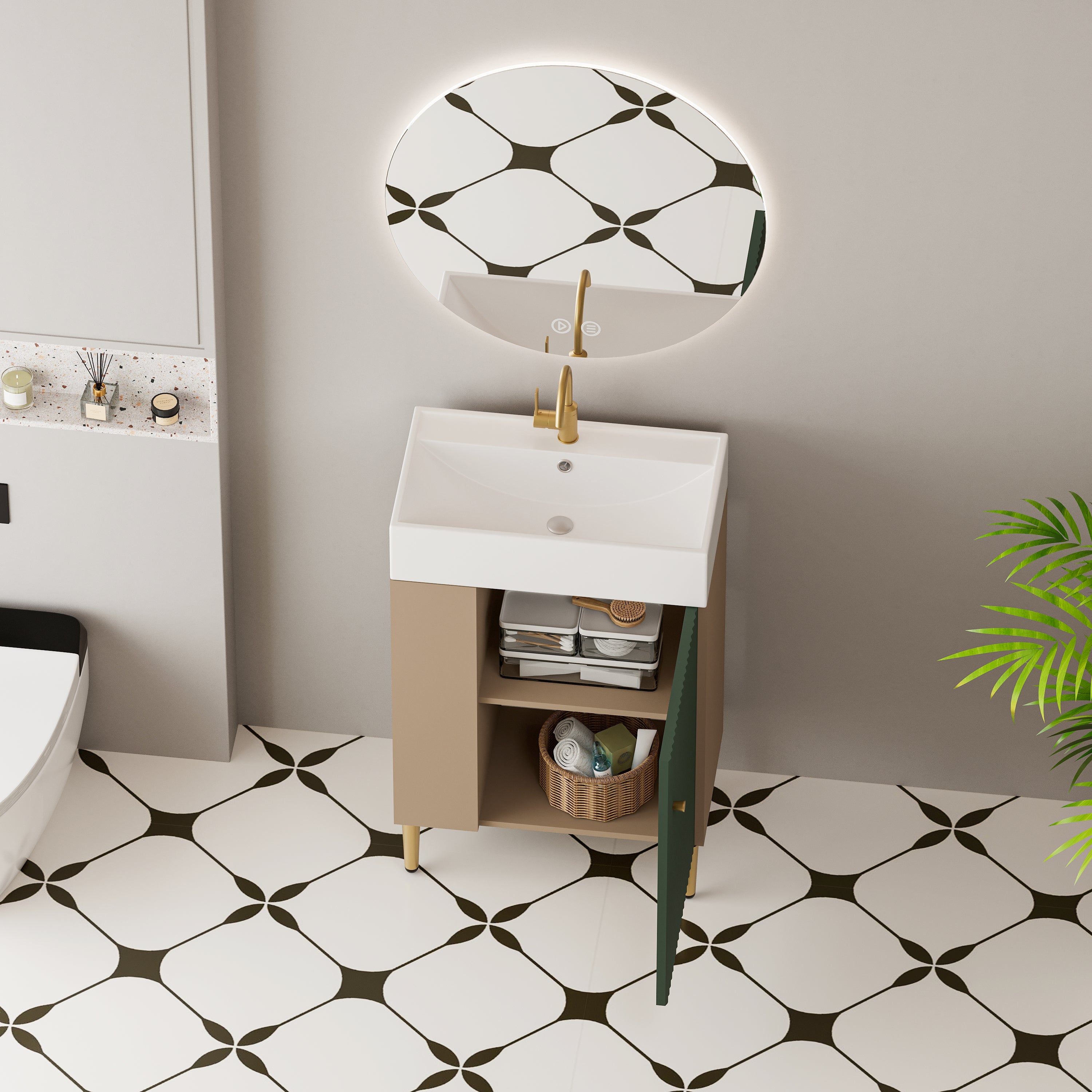 21.6" Green Small Freestanding Vanity with Sink-RIght Handed Open