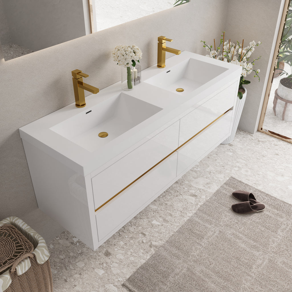 60 Inch White Floating Vanity with Double Sinks