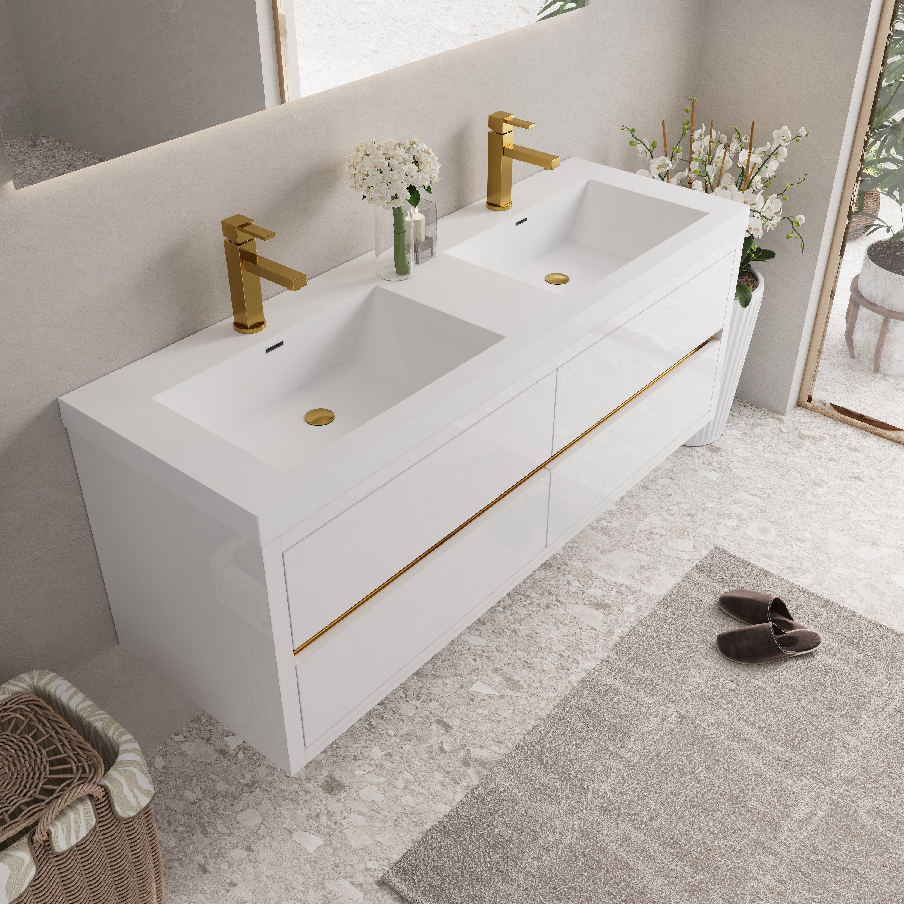 60 Inch White Floating Vanity with Double Sinks