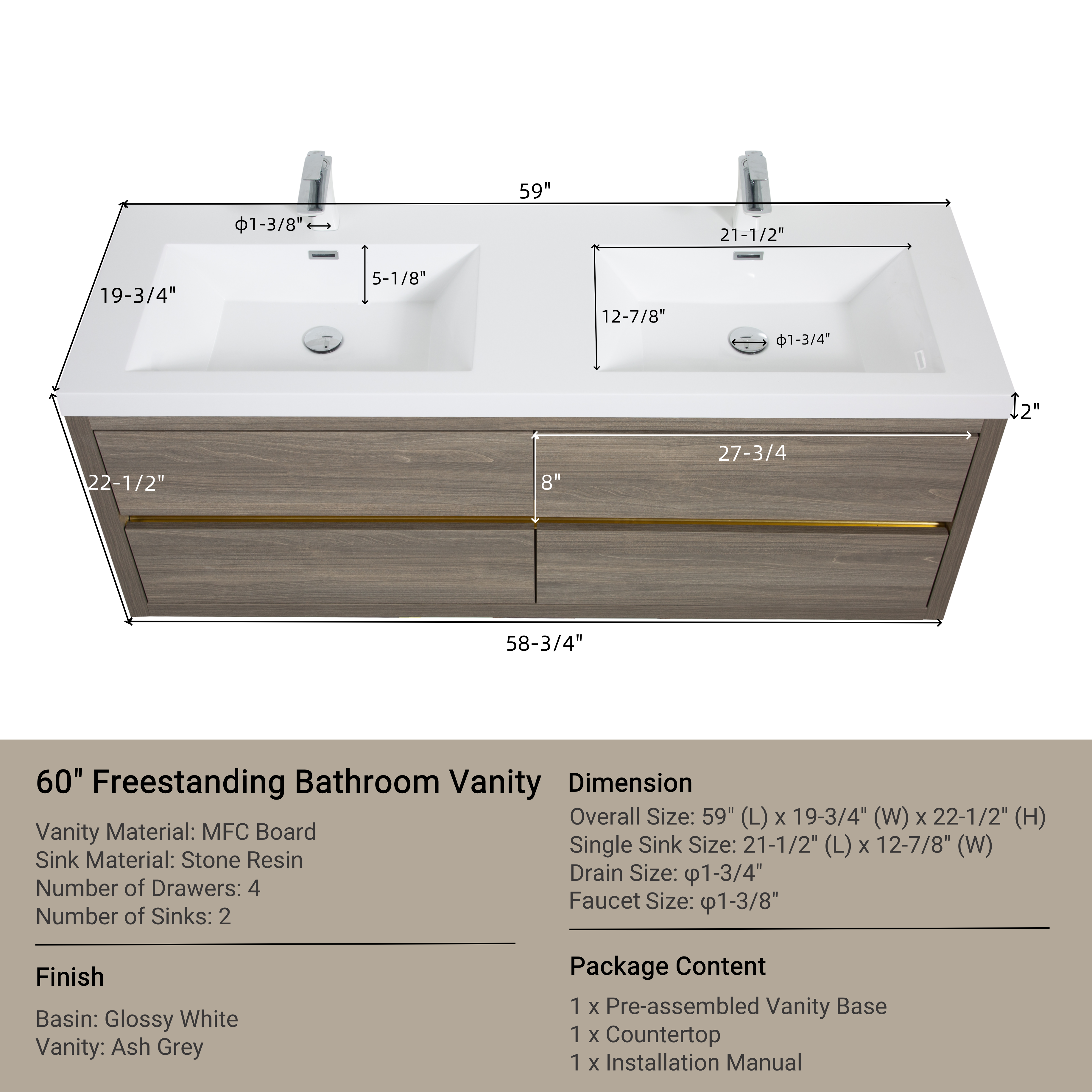 60 Inch Gray Floating Bathroom Vanity with Double Sinks