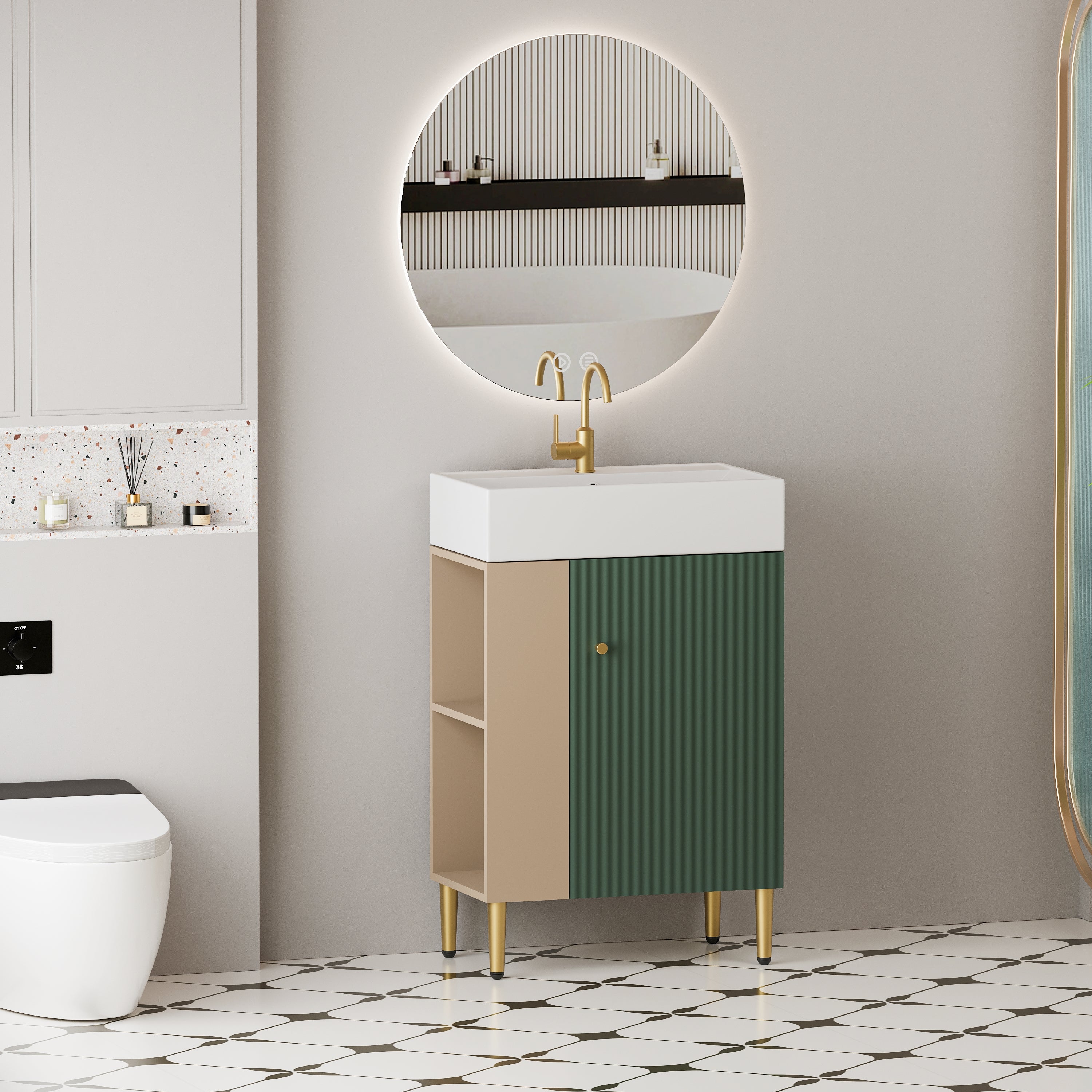 21.6" Green Small Freestanding Vanity with Sink-RIght Handed Open