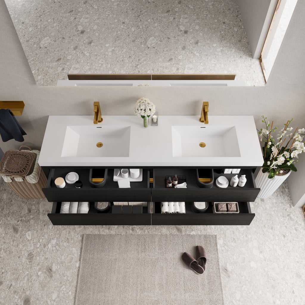 72 Inch Black Espresso Wood Floating Vanity with Double Sinks