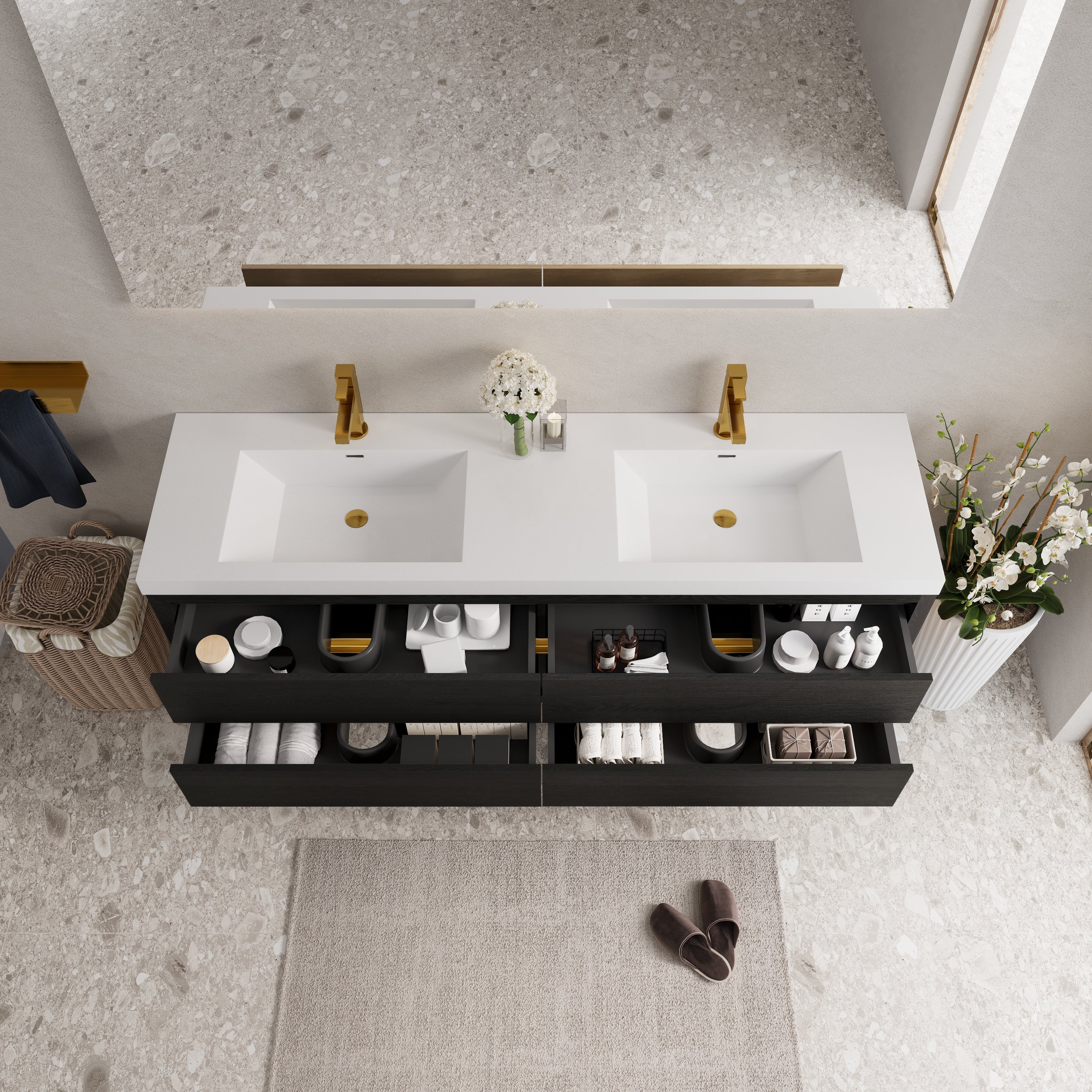 72 Inch Black Espresso Wood Floating Vanity with Double Sinks